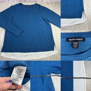 Hilary Radley Teal Blue long sleeve round neck 2fer sweater Peek-a-boo shirt hem